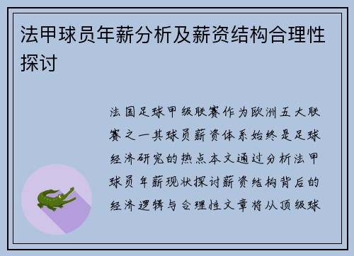法甲球员年薪分析及薪资结构合理性探讨