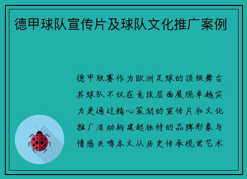 德甲球队宣传片及球队文化推广案例